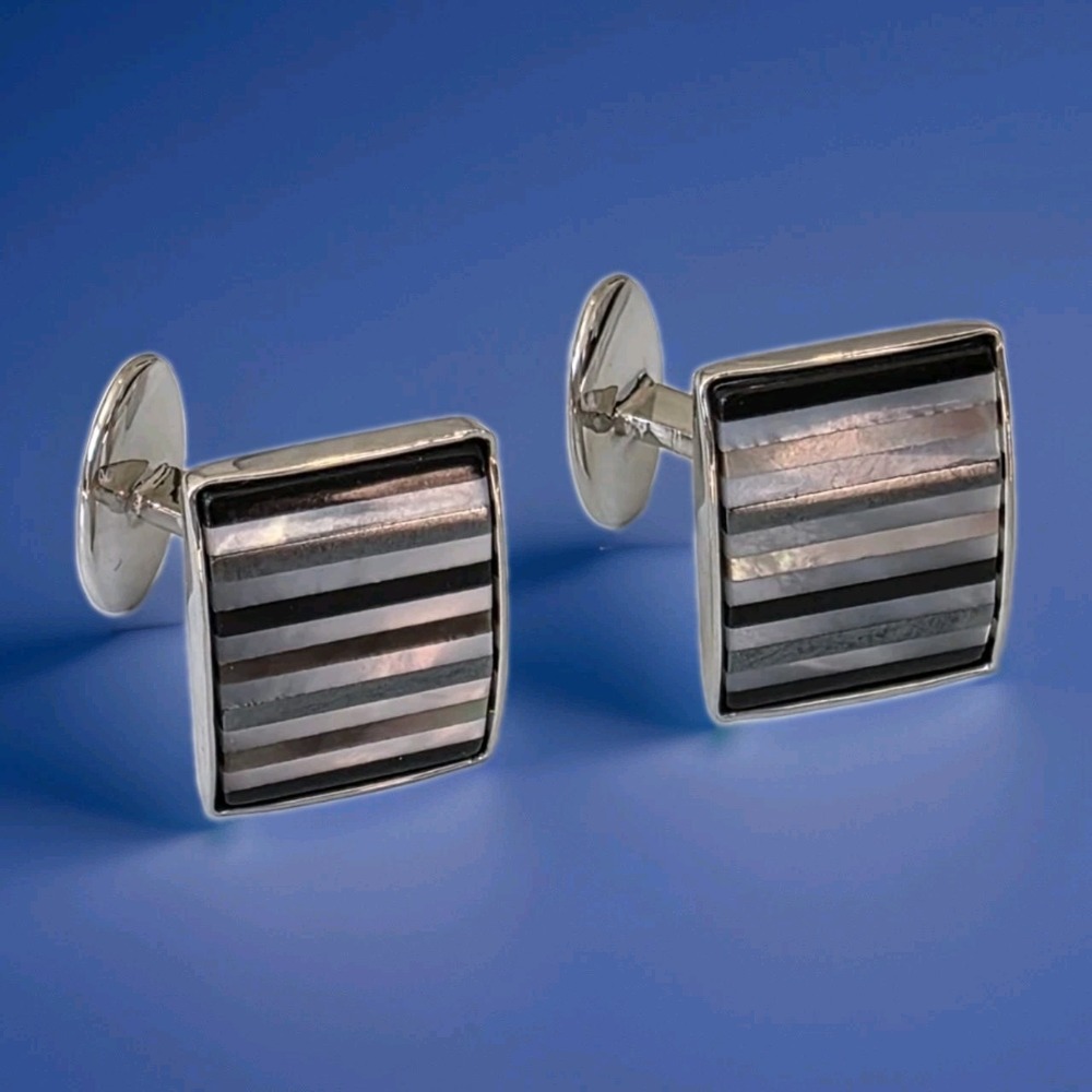David Donahue Sterling Silver 925 Onyx Mother of Pearl Striped Cufflinks 10g DD